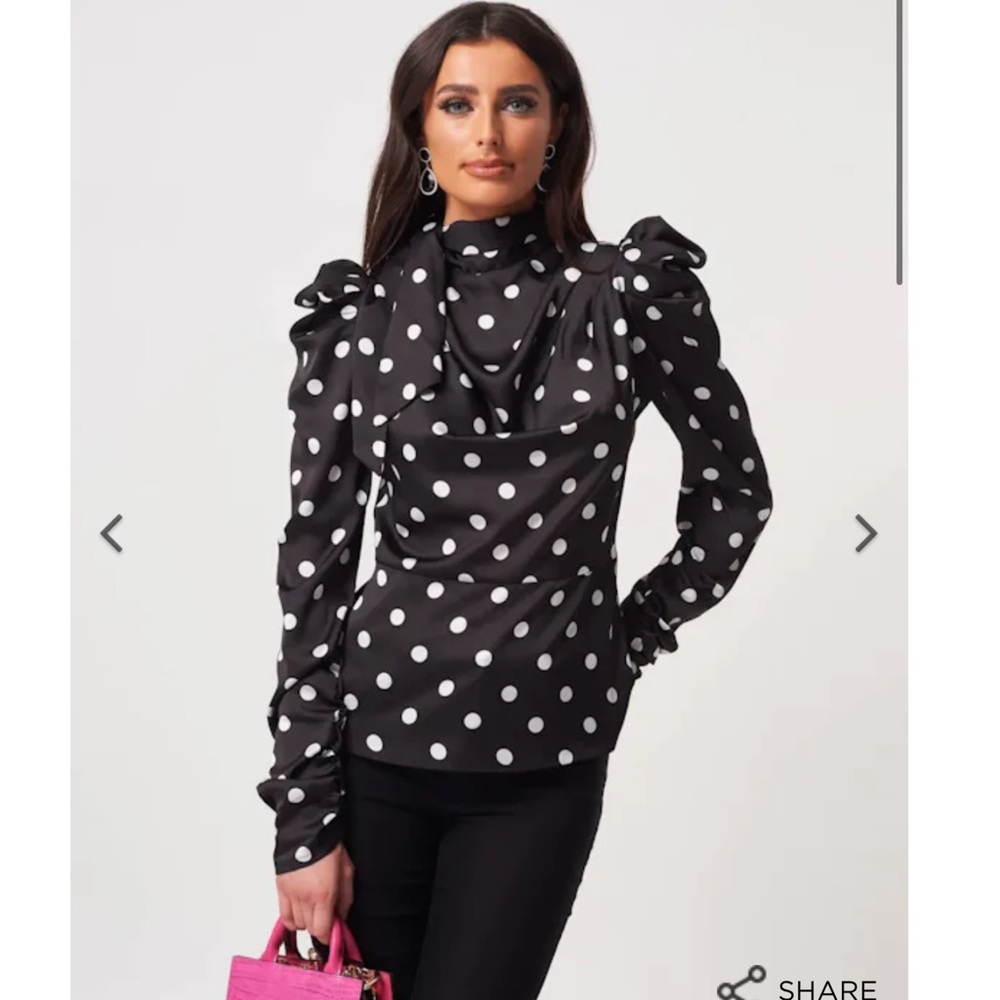 Forever Unique BLACK AND WHITE POLKA DOT SILK TIE NECK BLOUSE